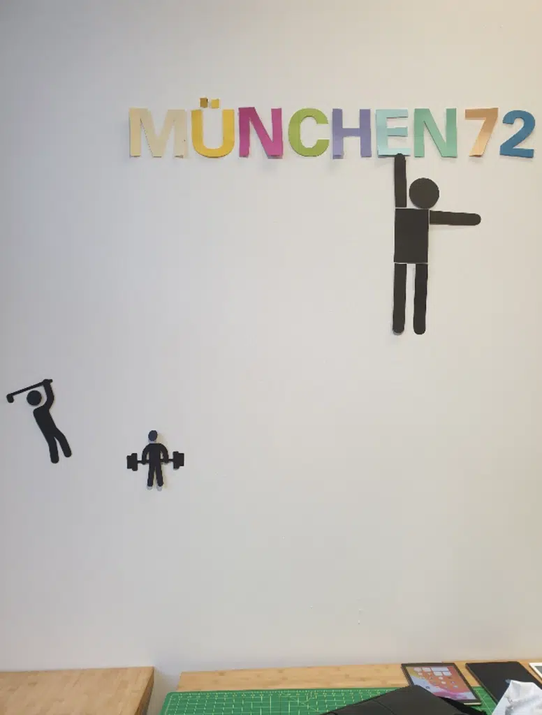 Drei Menschen als Piktogramme, dazu der bunte Schriftzug "München 72"