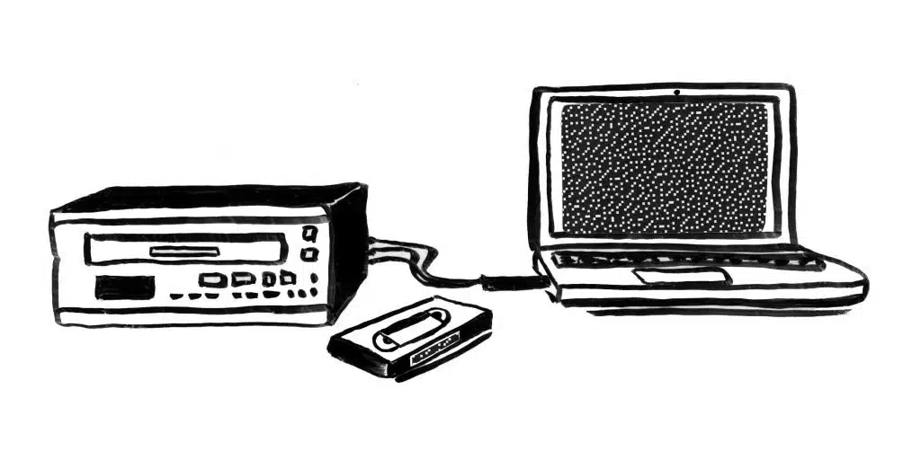Zeichnung eines Laptops, der über einen Videograbber mit einem VHS Player verbunden ist