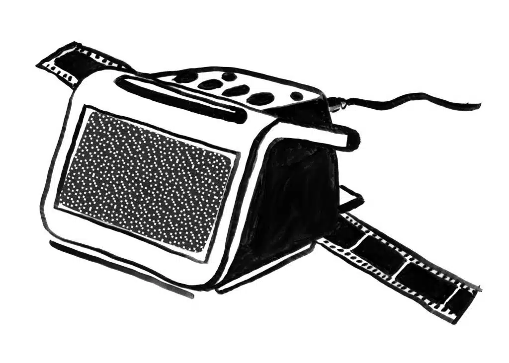 Eine Zeichnung eines Dia/Negativscanners, bei dem ein Negativfilm eingescannt wird 